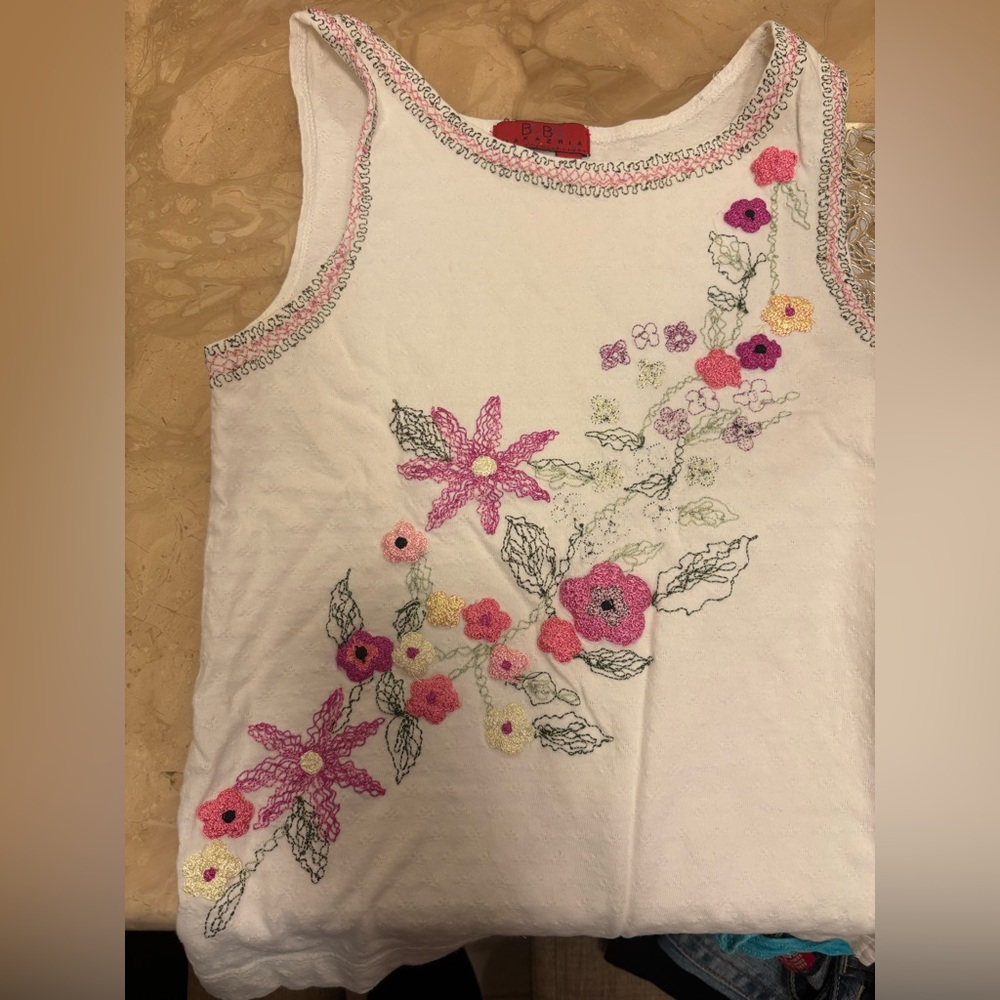 BCBG White Tank Top with Pink & Yellow Floral Embroidery